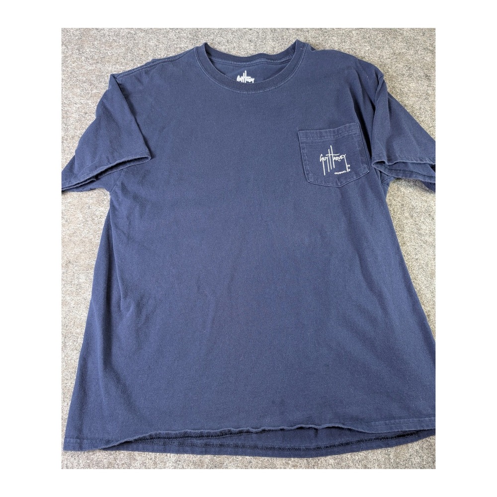 Guy Harvey Mens Blue Marlin American Flag Pocket T-Shirt Large Navy Fishing Tee